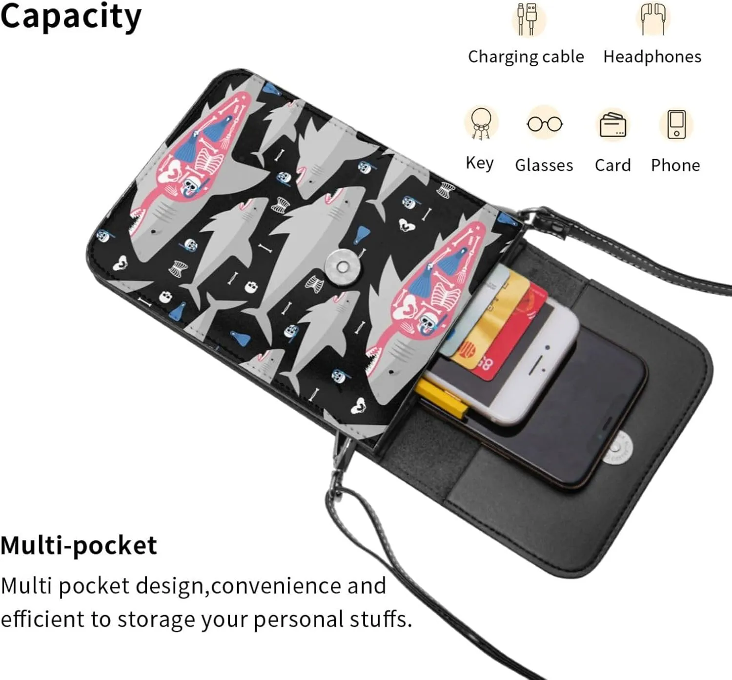 Colorful shark Leather Crossbody Phone Purse for Women Cute Wallet Bags Lightweight Mini Sling Bag