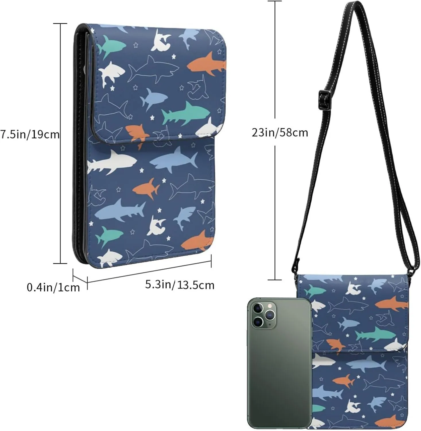 Colorful shark Leather Crossbody Phone Purse for Women Cute Wallet Bags Lightweight Mini Sling Bag