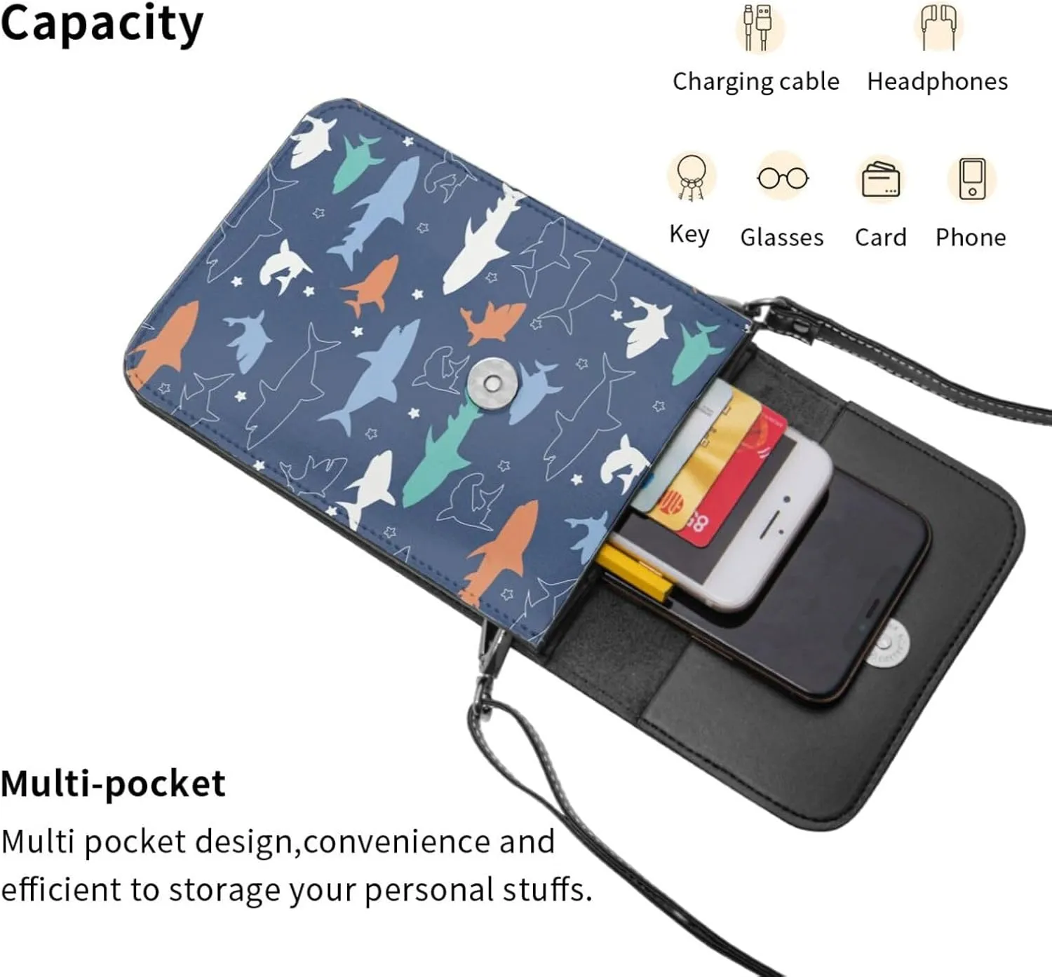 Colorful shark Leather Crossbody Phone Purse for Women Cute Wallet Bags Lightweight Mini Sling Bag