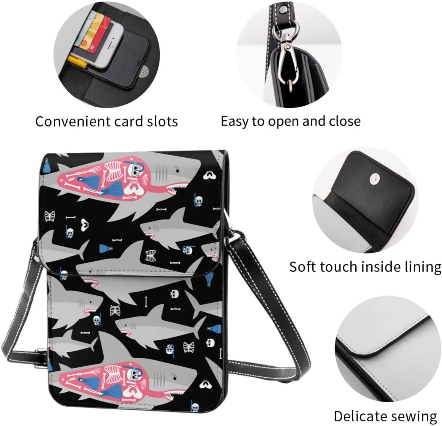 Colorful shark Leather Crossbody Phone Purse for Women Cute Wallet Bags Lightweight Mini Sling Bag