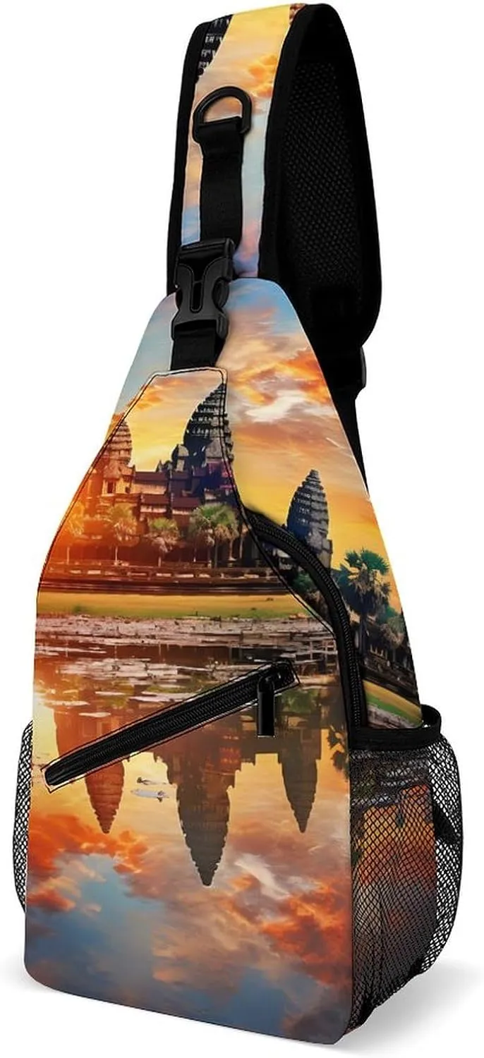 Colorful Sky Angkor Wat Landmarks Sling Backpack Multipurpose Crossbody Shoulder Bag Printed Chest Bag Travel Hiking Daypack