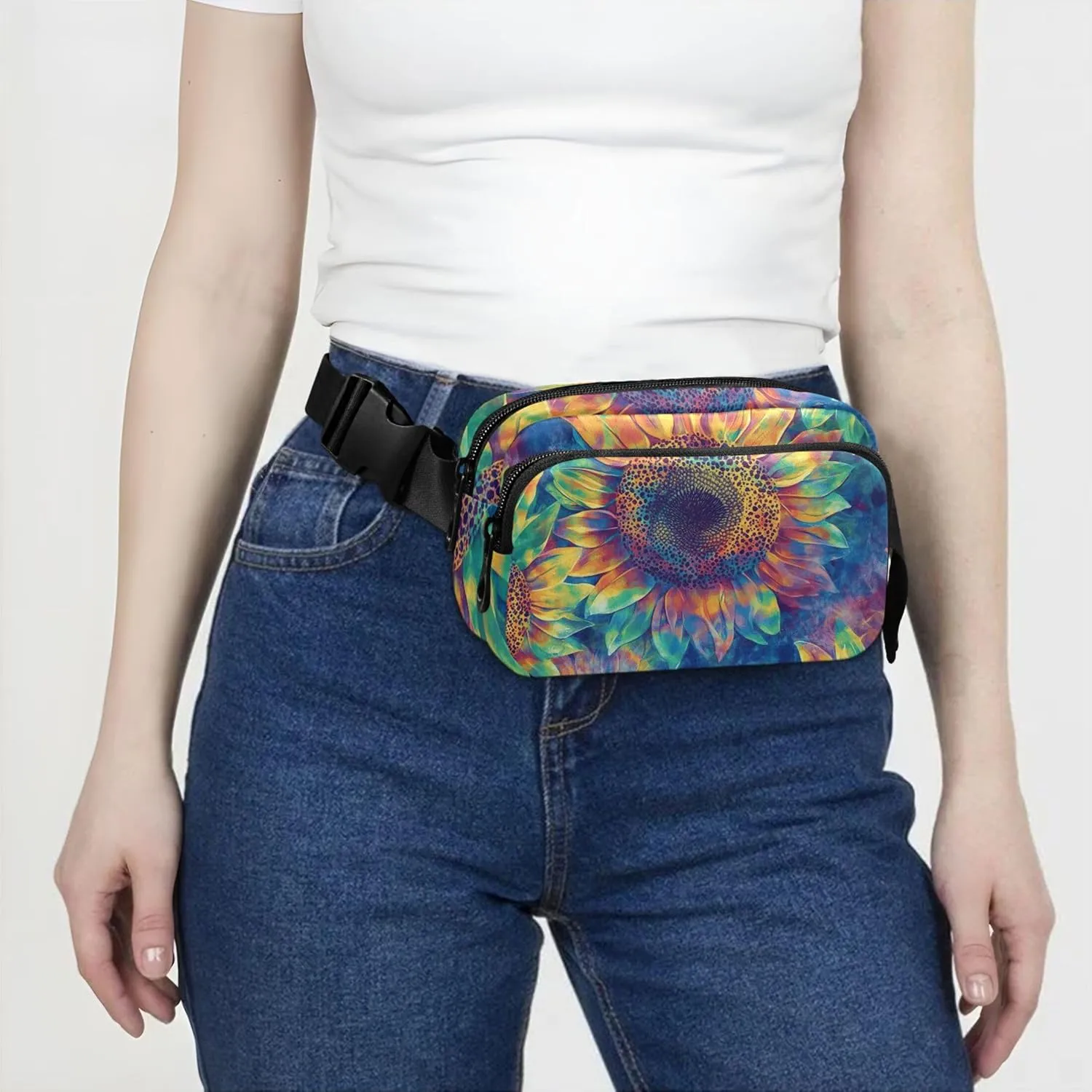 Colorful Sunflower Tie Dye Art Fanny Packs for Women Funny Hip Pack Belt Pouch Waterproof Waist Pouch for Women