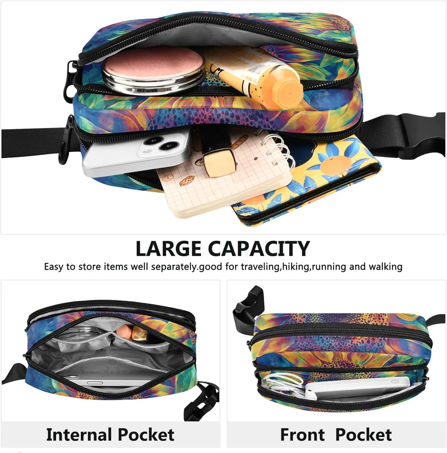 Colorful Sunflower Tie Dye Art Fanny Packs for Women Funny Hip Pack Belt Pouch Waterproof Waist Pouch for Women