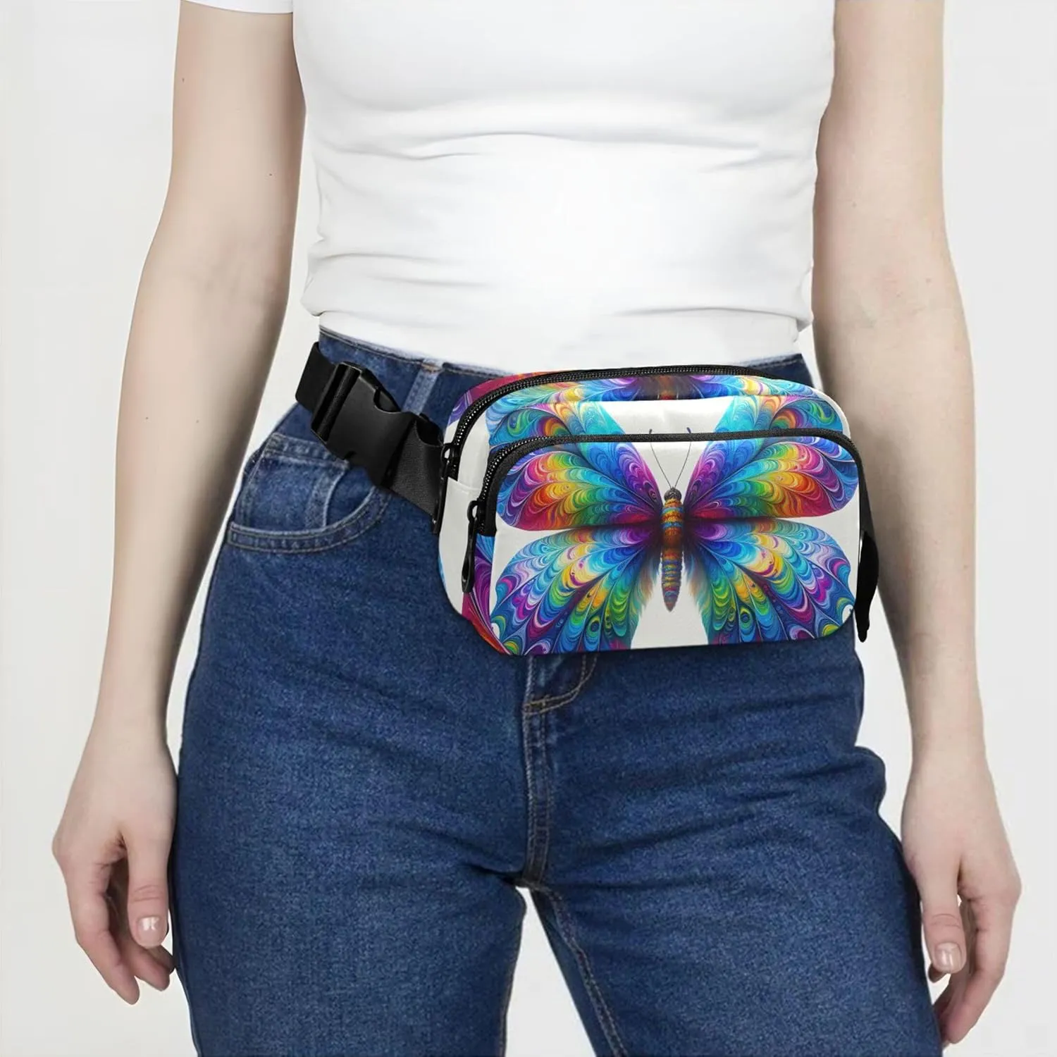 Colorful Tie Dye Butterfly Fanny Pack for Women Funky Hip Pouch Belt Bag Waterproof Cross Body Waist Purse