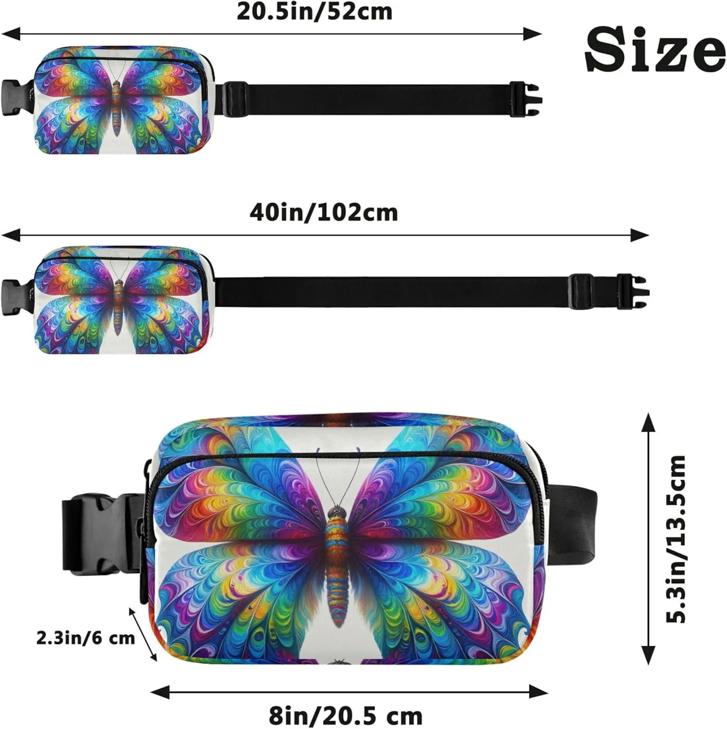 Colorful Tie Dye Butterfly Fanny Pack for Women Funky Hip Pouch Belt Bag Waterproof Cross Body Waist Purse