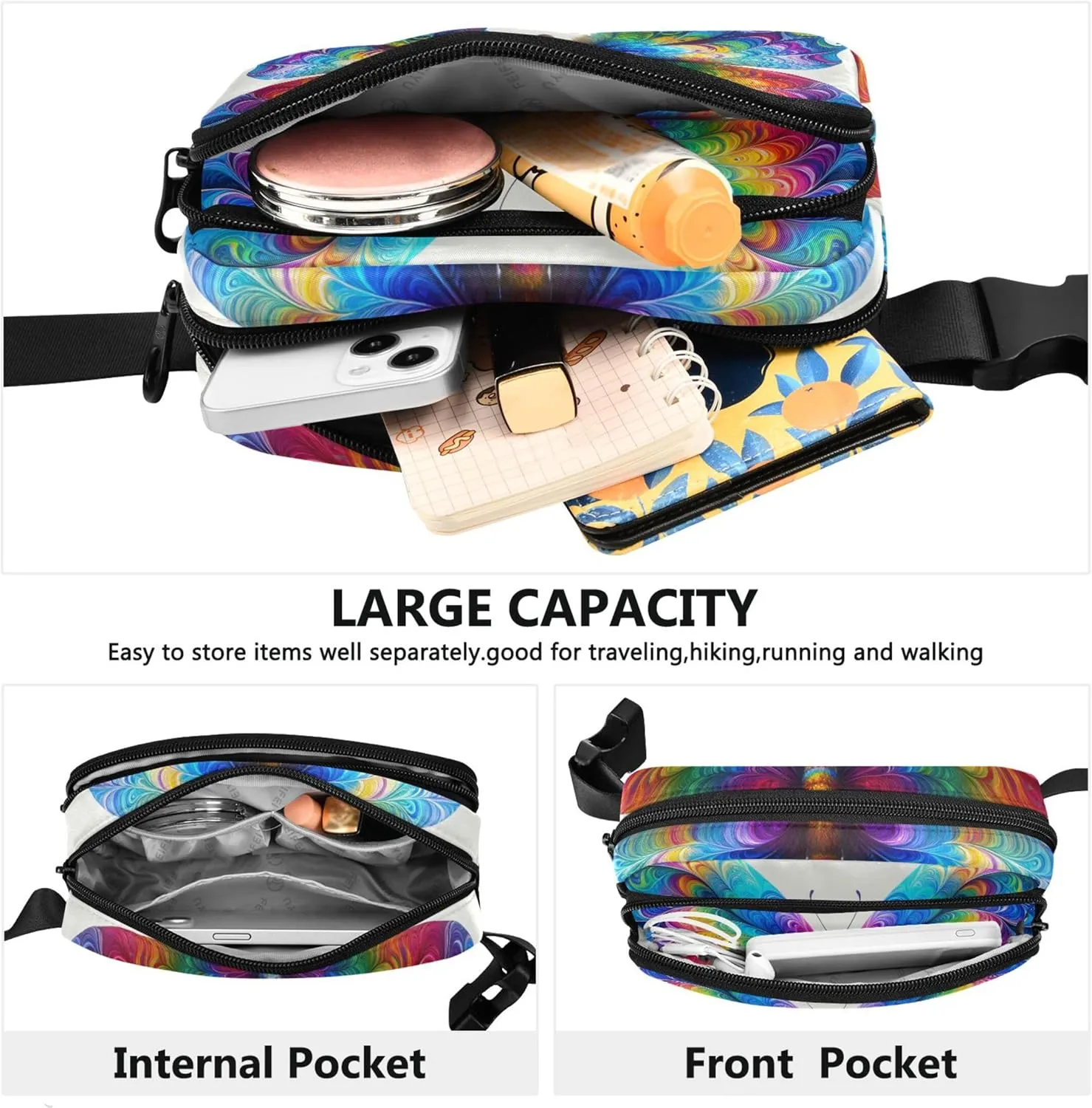 Colorful Tie Dye Butterfly Fanny Pack for Women Funky Hip Pouch Belt Bag Waterproof Cross Body Waist Purse