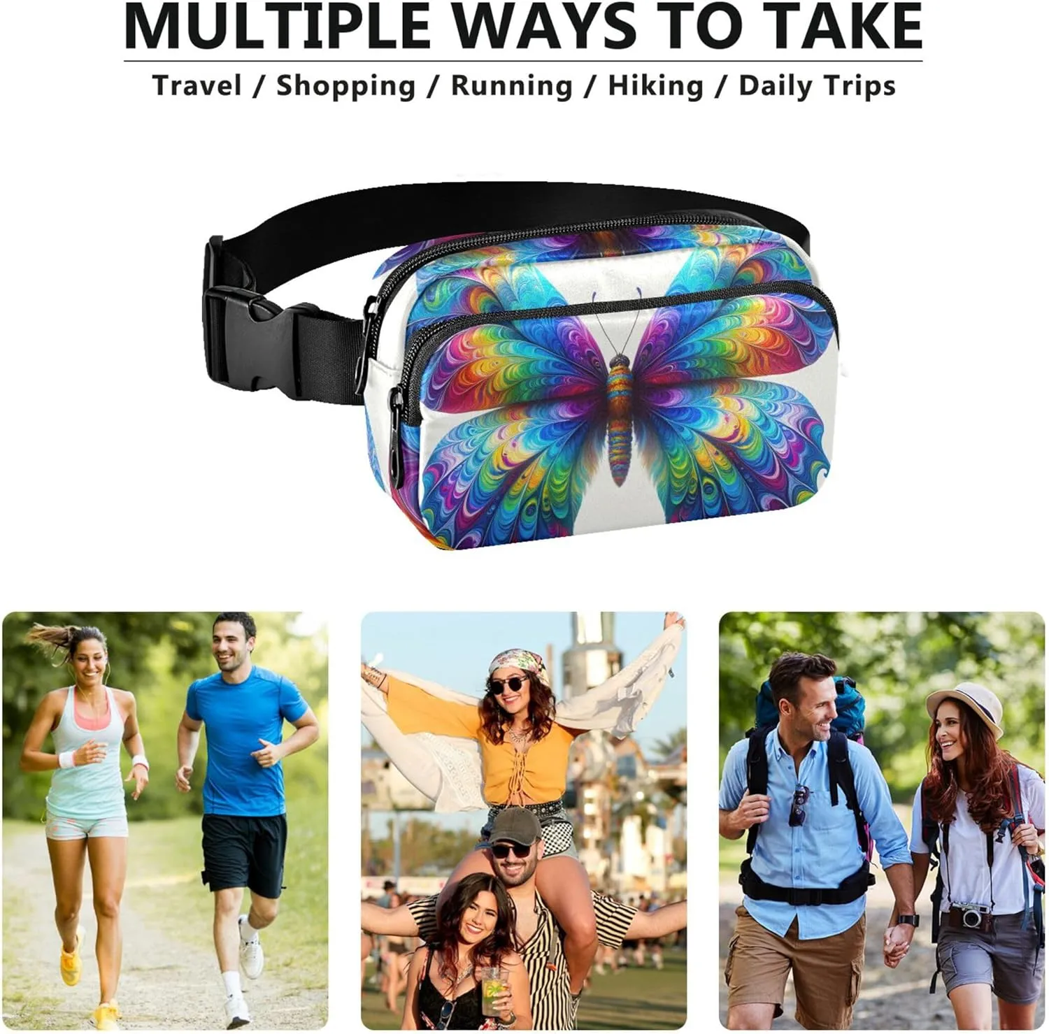 Colorful Tie Dye Butterfly Fanny Pack for Women Funky Hip Pouch Belt Bag Waterproof Cross Body Waist Purse