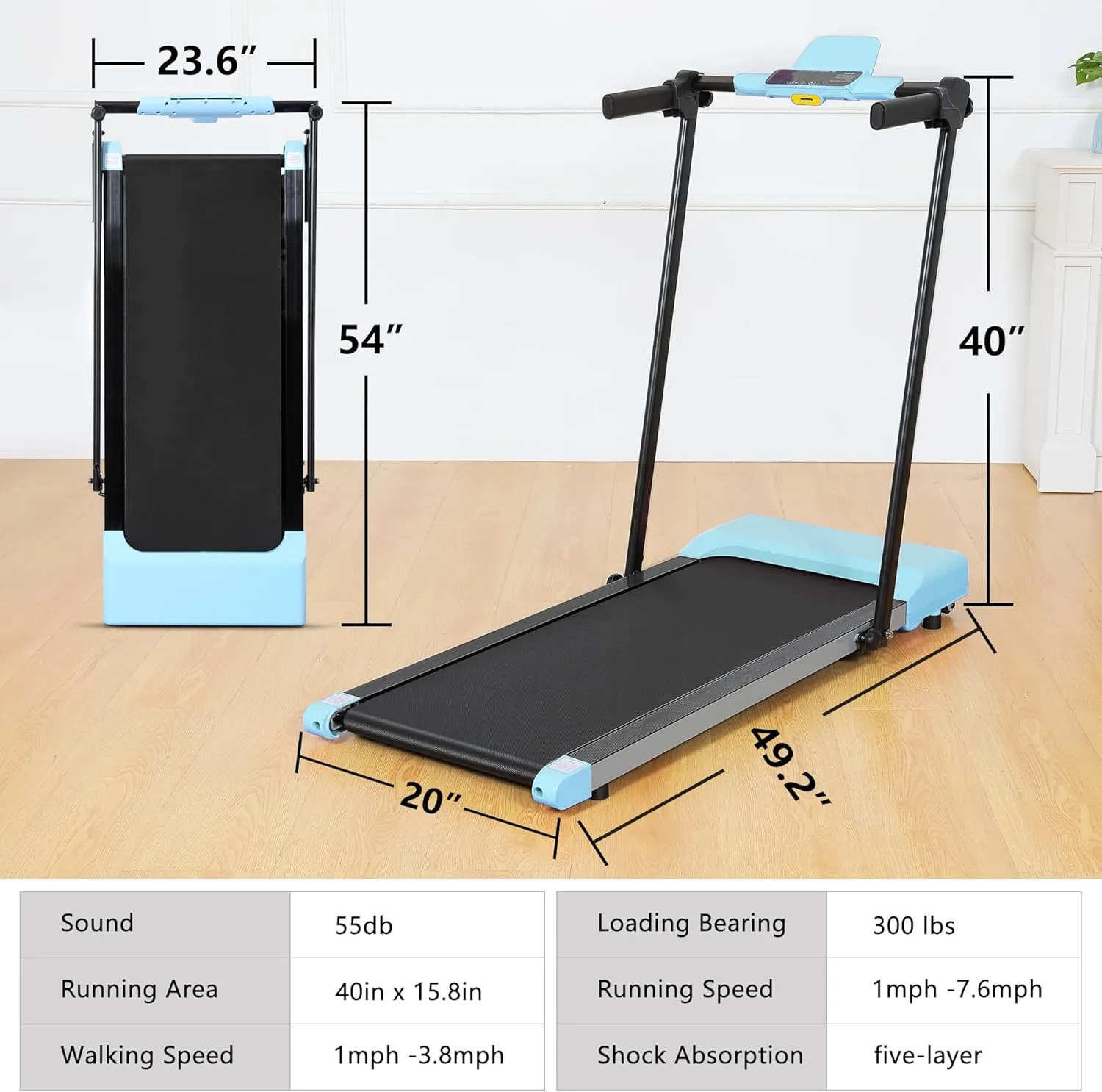 Compact Foldable Electric Treadmill for Home Office, 300lbs Compact Running Treadmill for Small Spaces, Lightweight Folding Treadmills with Handle, Apartment Size Treadmill 2.5HP