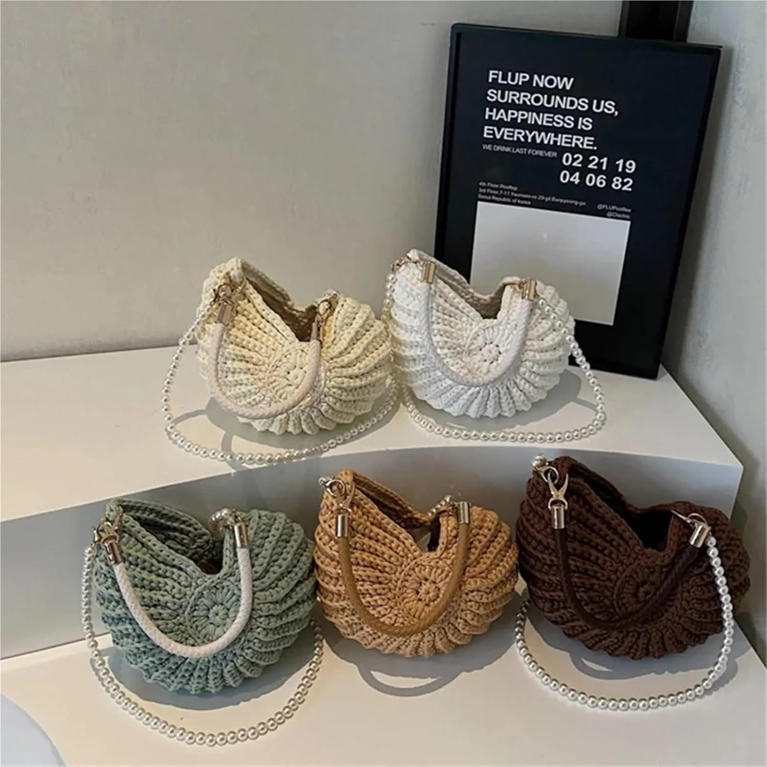 Conch Shell Knit Crochet Crossbody Shoulder Bag,Pearl Chain Handmade Woven Women Sling Bag,Elegant Delicate Compact Purse