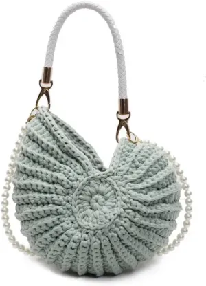 Conch Shell Knit Crochet Crossbody Shoulder Bag,Pearl Chain Handmade Woven Women Sling Bag,Elegant Delicate Compact Purse
