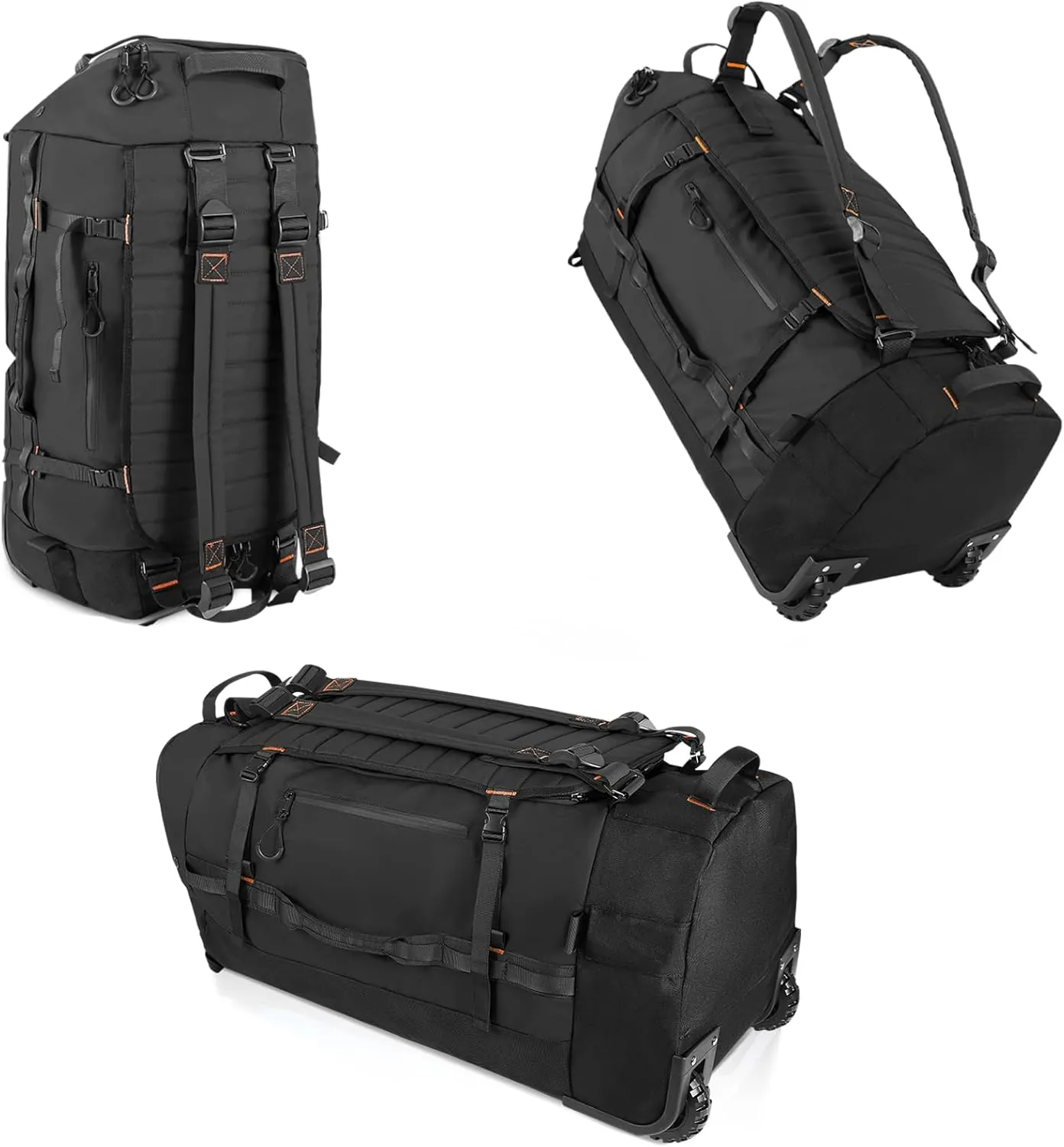 CONTAIL 86L Foldable Wheeled Duffel Backpack with Padded Quilted Bottom, Waterproof Collapsible Travel Duffle Bag with Extended Web Handles,No Telescope Handle,Black