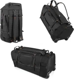 CONTAIL 86L Foldable Wheeled Duffel Backpack with Padded Quilted Bottom, Waterproof Collapsible Travel Duffle Bag with Extended Web Handles,No Telescope Handle,Black