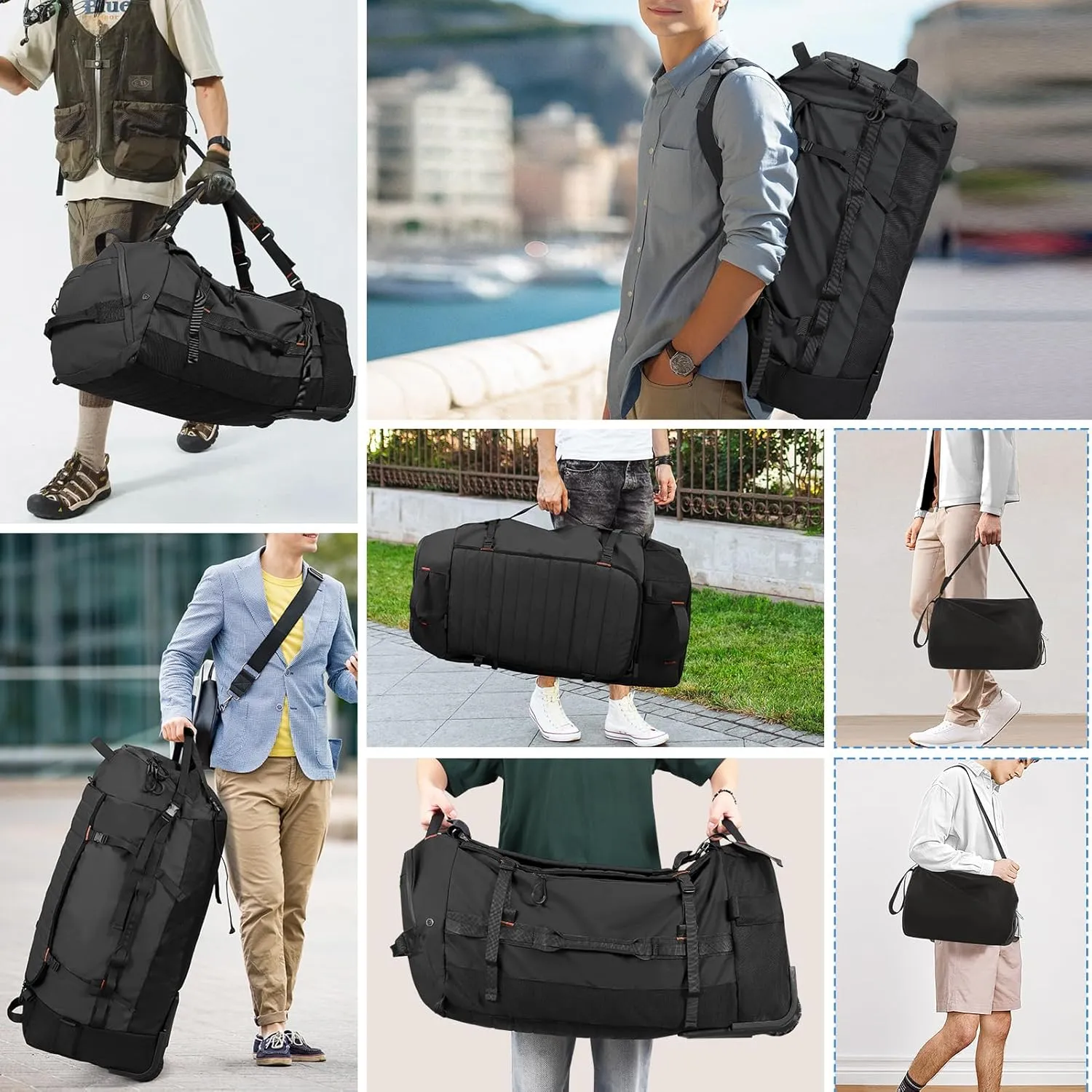 CONTAIL 86L Foldable Wheeled Duffel Backpack with Padded Quilted Bottom, Waterproof Collapsible Travel Duffle Bag with Extended Web Handles,No Telescope Handle,Black