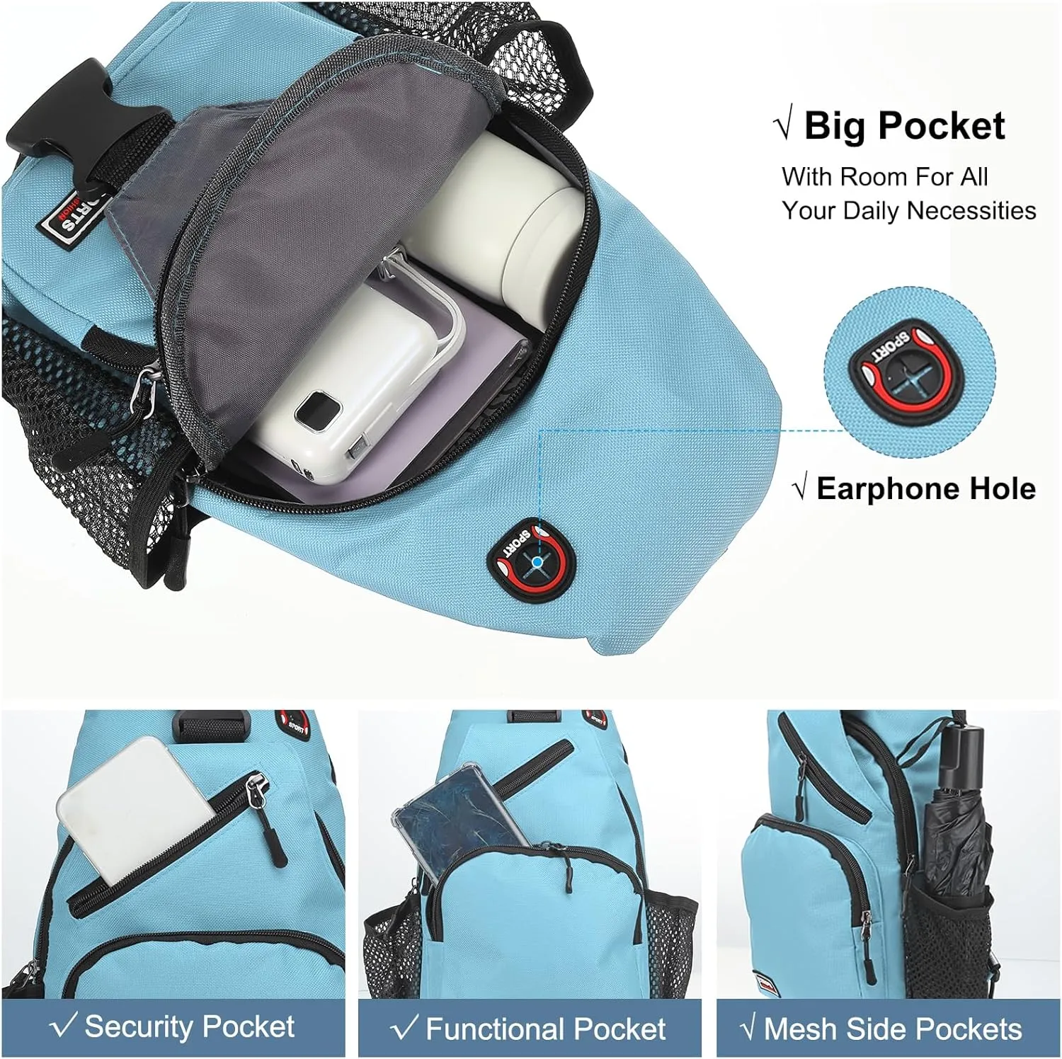 Convertible Sling Bag Crossbody Backpack - 7"x13" (LXH) Good for Women Men Hiking Travel Cycling - Shoulder Bag Casual Packs with Headphone Jack - Lake Blue