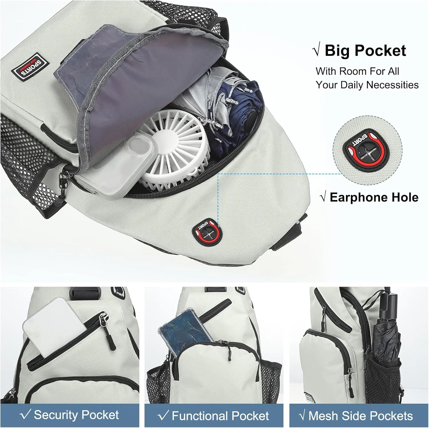 Convertible Sling Bag Crossbody Backpack - 8.5"x15" (LXH) Good for Women Men Hiking Travel Cycling - Multifunctional Shoulder Bag Casual Packs with Headphone Jack - White