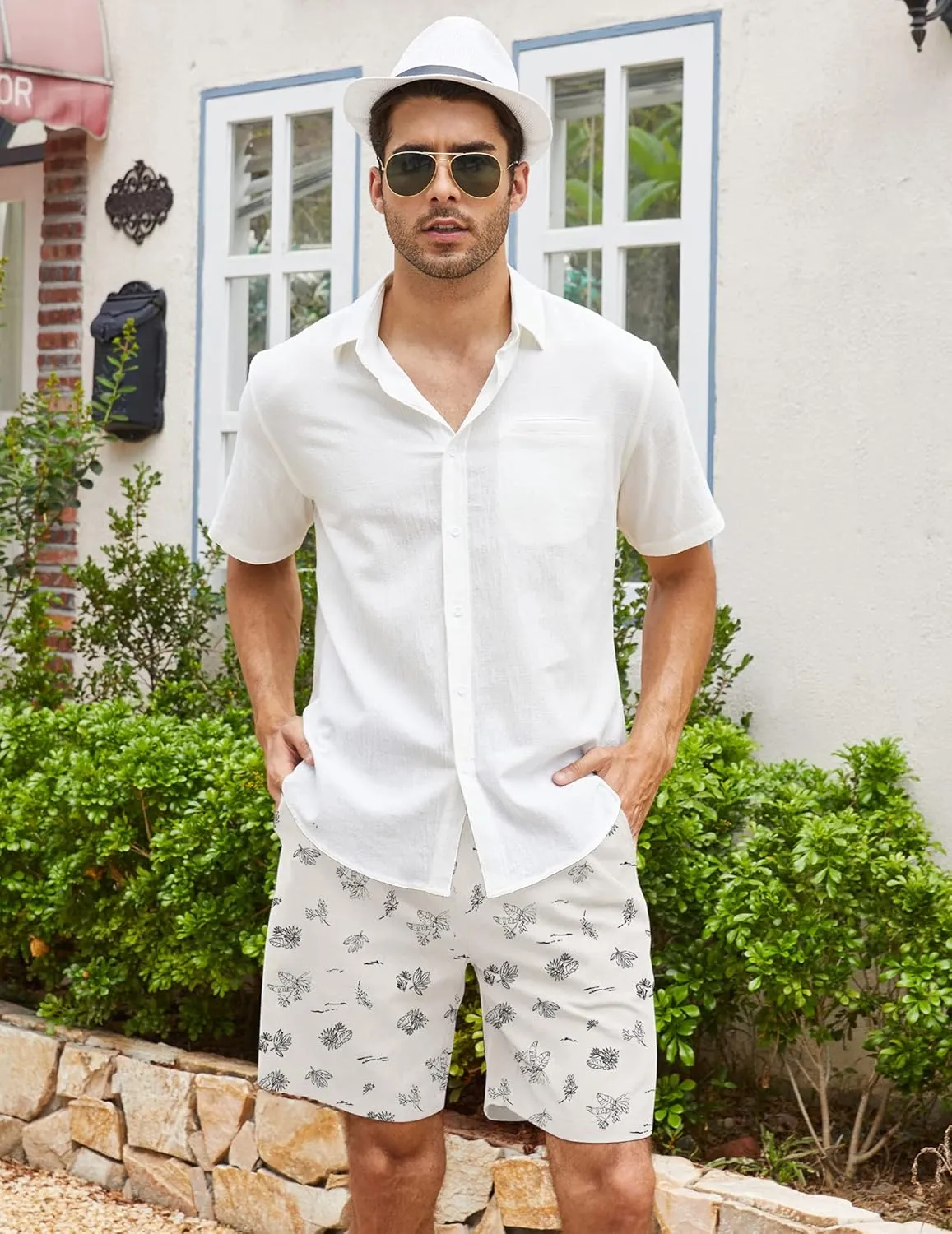 COOFANDY Men's Linen Shorts Casual Elastic Waist Drawstring Summer Beach Shorts