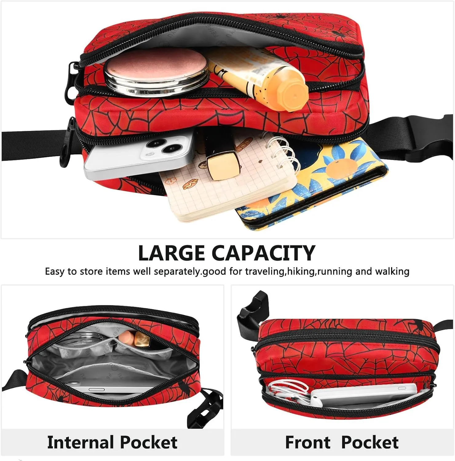 Cool Black Spiders Red Belt Bag Fashion Waist Pack Crossbody Bags Belt Bag Mens Travel Fanny Pack