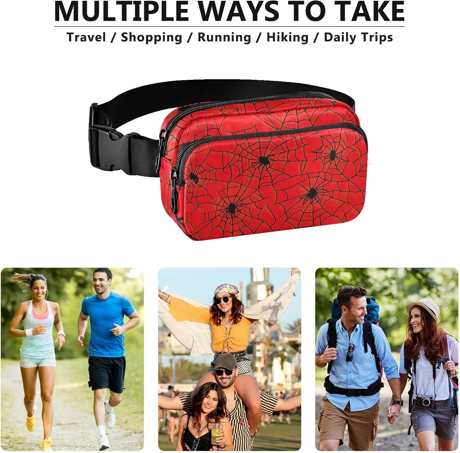 Cool Black Spiders Red Belt Bag Fashion Waist Pack Crossbody Bags Belt Bag Mens Travel Fanny Pack