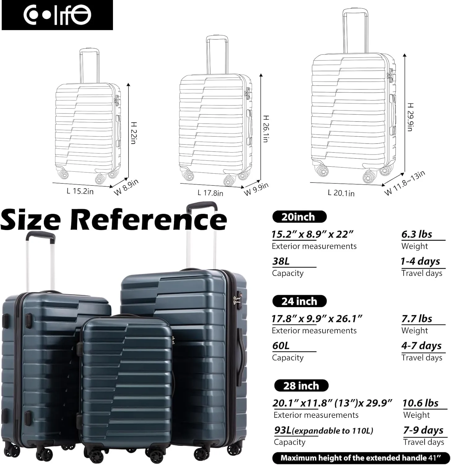COOLIFE Expandable Suitcase PC ABS TSA Luggage 3 Piece Set Lock Spinner Carry on (sliver)