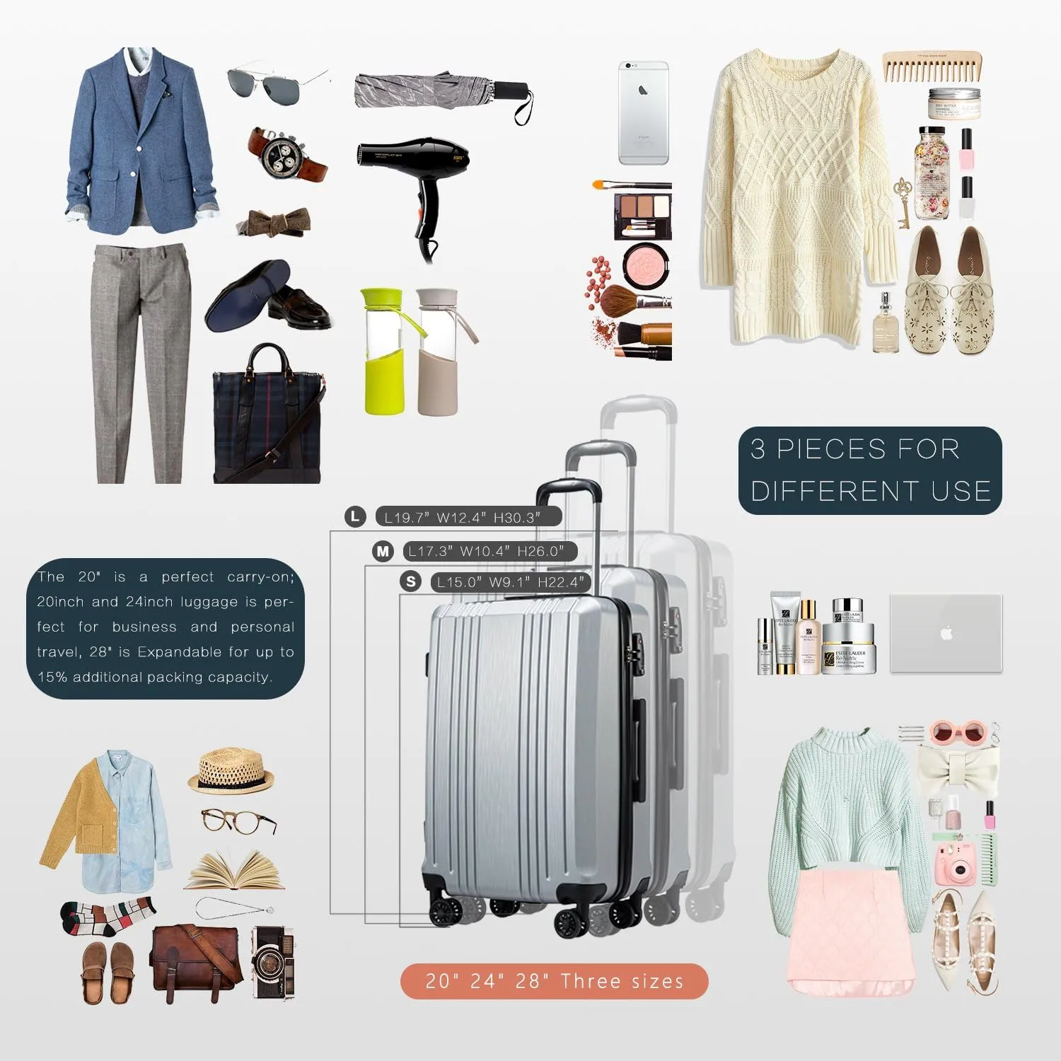 Coolife Luggage Expandable Suitcase PC ABS 3 Piece Set with TSA Lock Spinner 20in24in28in