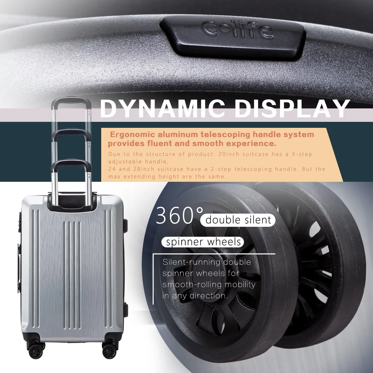 Coolife Luggage Expandable Suitcase PC ABS 3 Piece Set with TSA Lock Spinner 20in24in28in