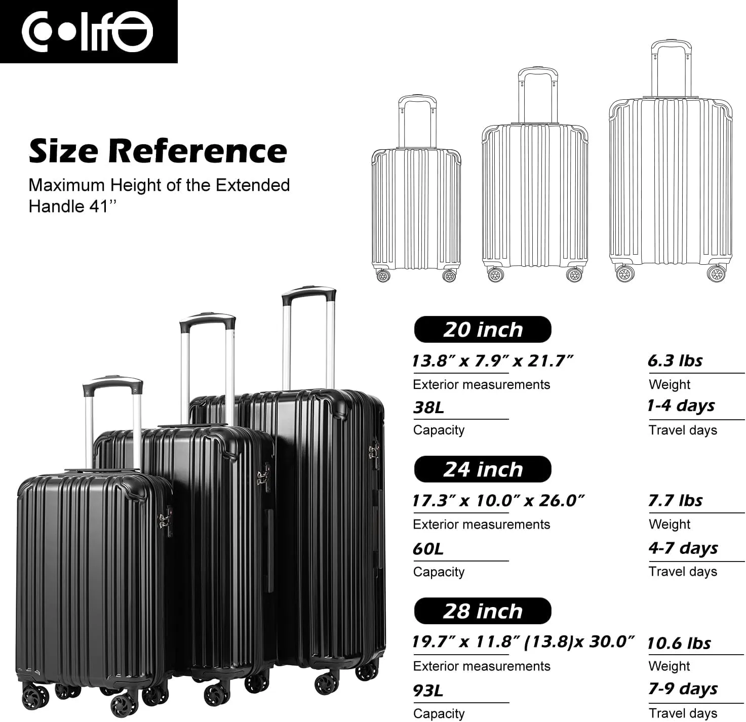 COOLIFE Luggage Expandable Suitcase PC ABS 3 Piece Set with TSA Lock Spinner Carry on 20in24in28in (Sliver, 3 piece set)