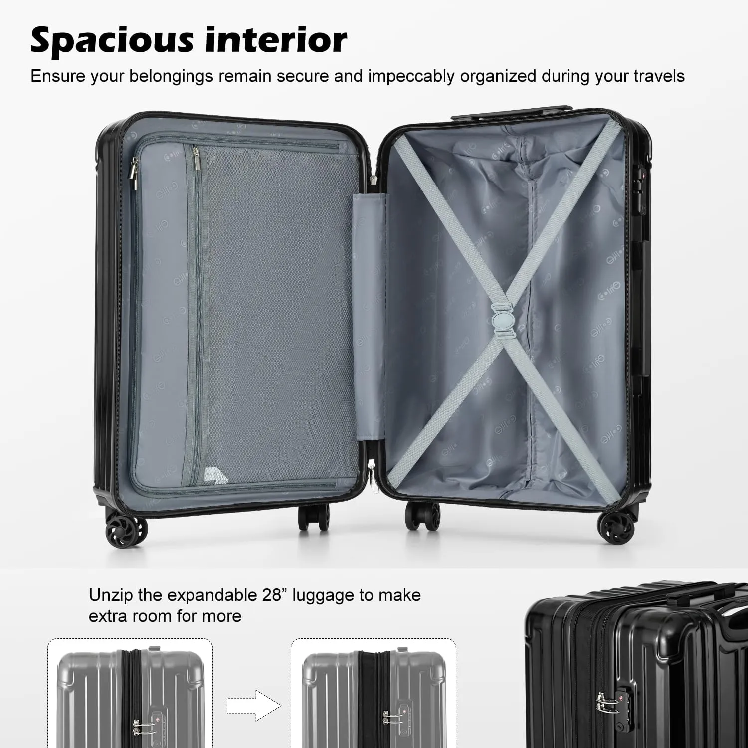 COOLIFE Luggage Expandable Suitcase PC ABS 3 Piece Set with TSA Lock Spinner Carry on 20in24in28in (Sliver, 3 piece set)