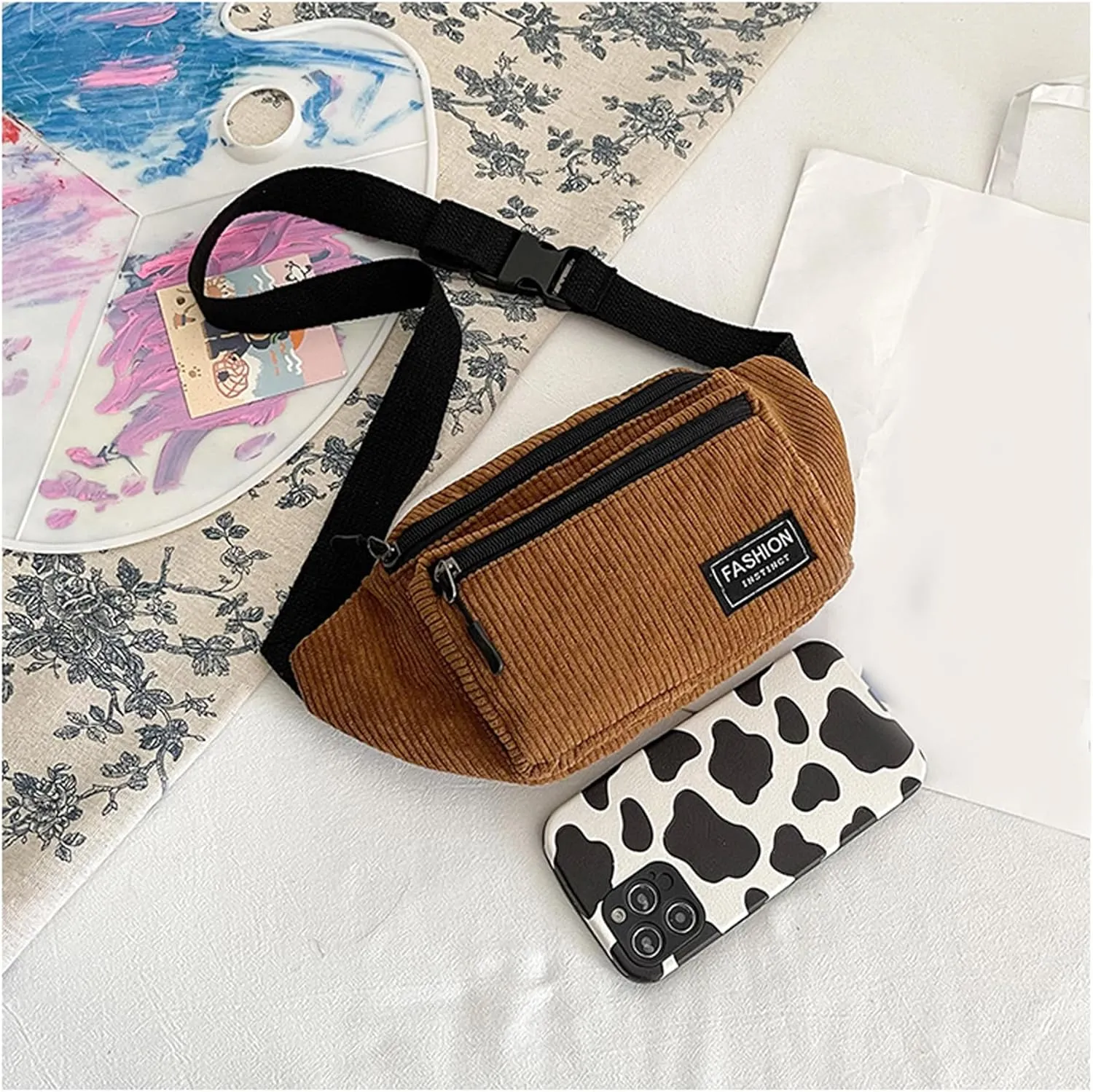 Corduroy Fanny Pack for Women Waist Bag Travel Crossbody Belt Bags Small Bum Purse Hiking Daypack for Running Workout