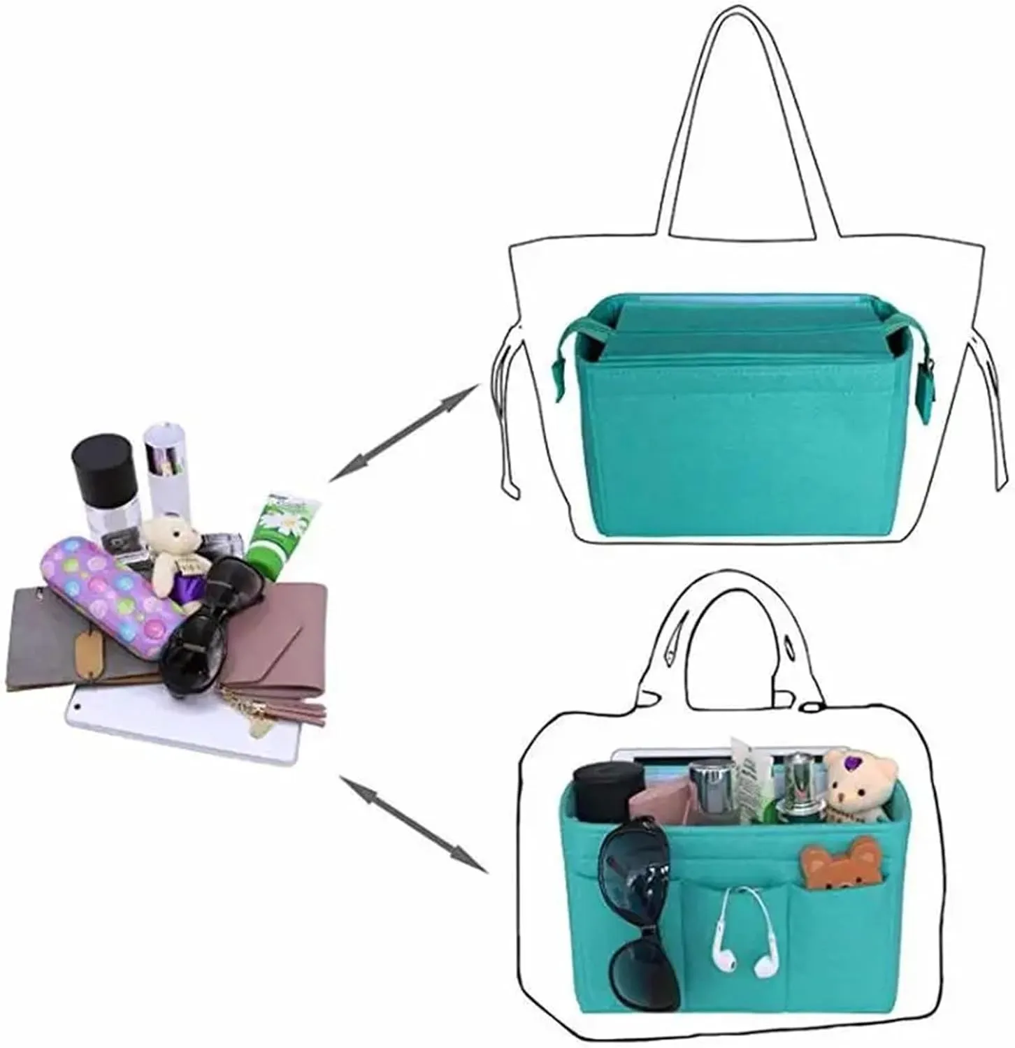 Cosmetic Organizer Felt Insert Bag For Handbag Travel Inner Purse Portable Make Up Bags(Red,25x16x14.5cm)