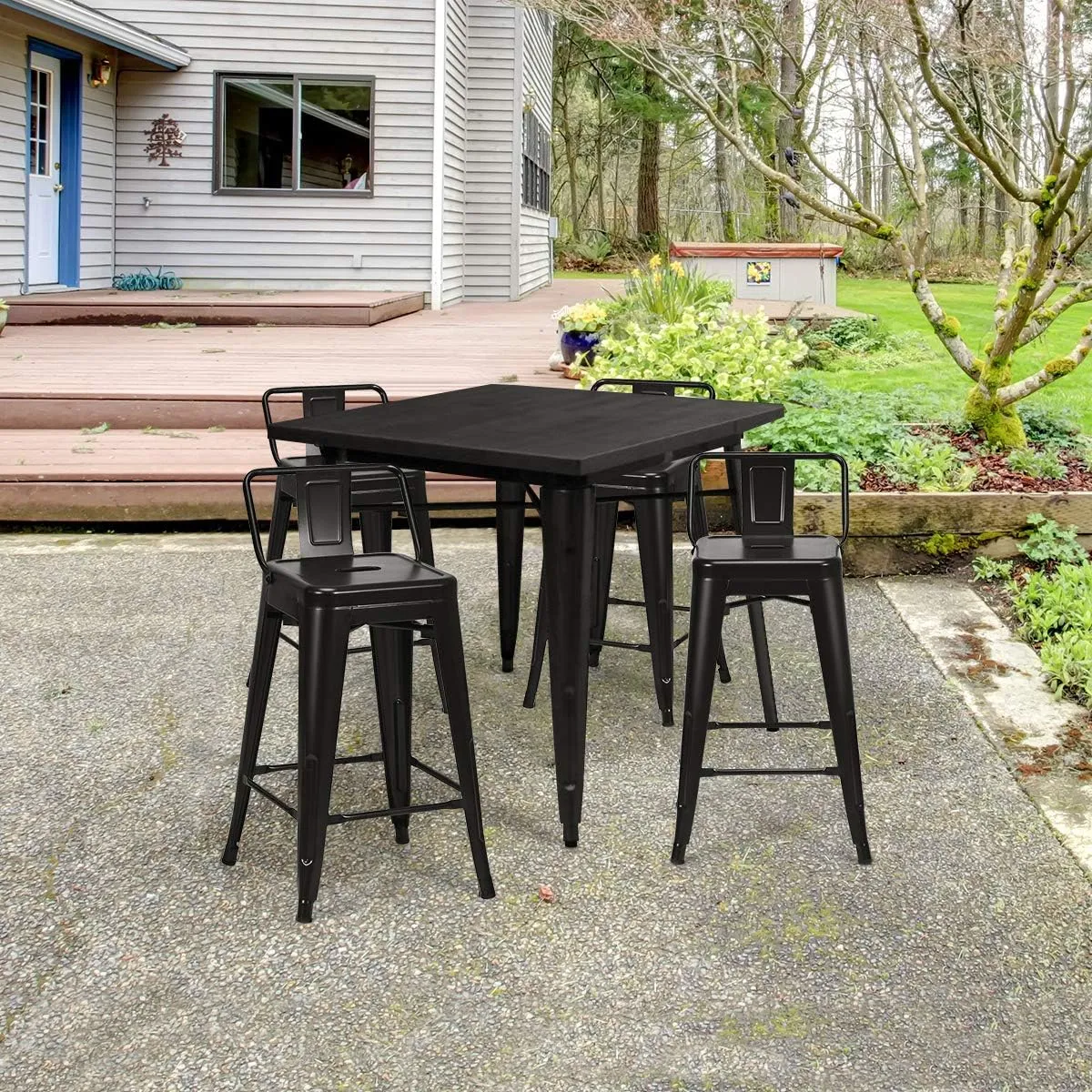 COSTWAY Metal Bar stools Set of 4, with Removable Back, 24'' Counter Height Stools with Rubber Feet, Stylish and Modern Chairs, for Kitchen, Dining Rooms, and Side Bar (Black, 24'')