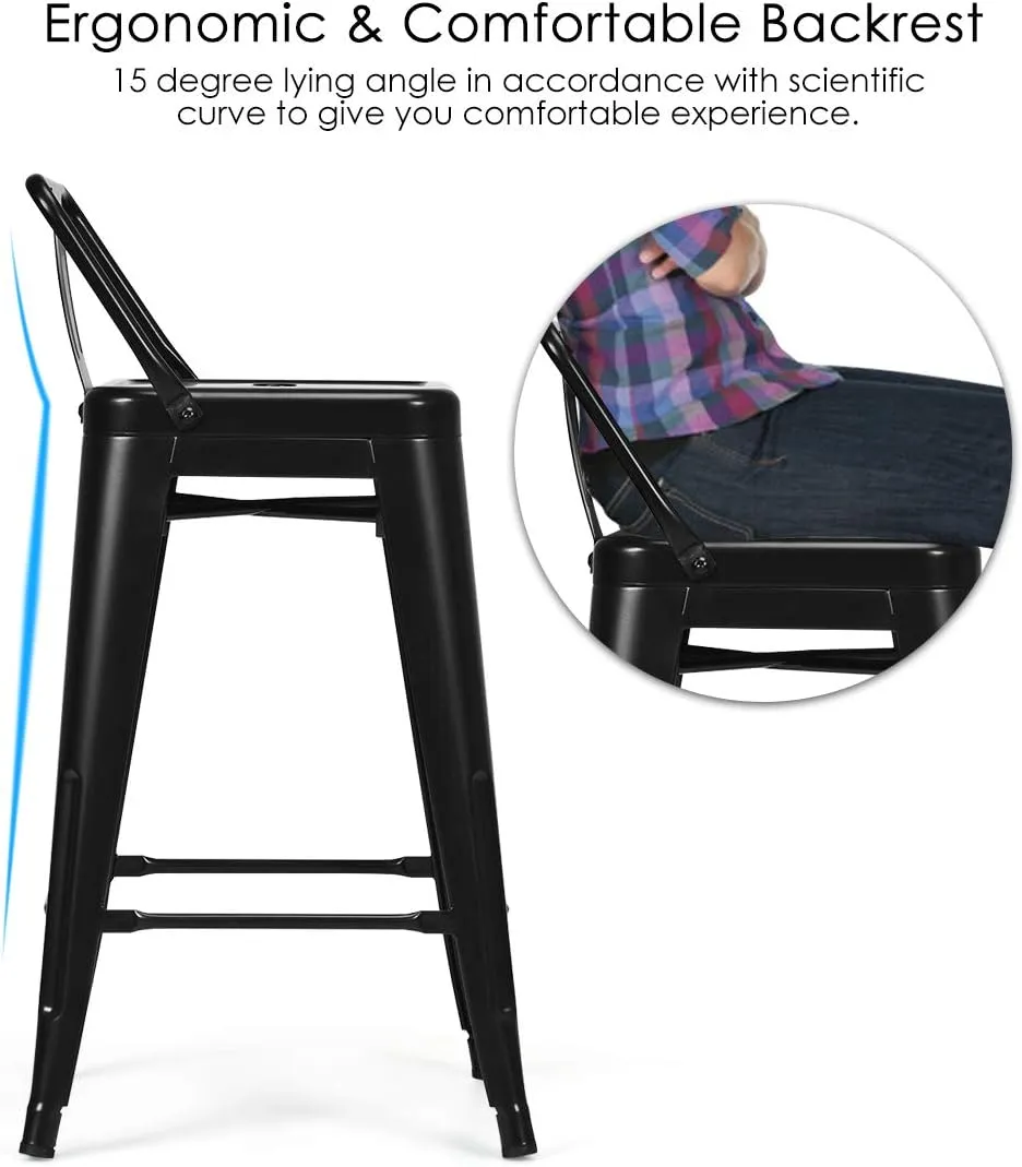 COSTWAY Metal Bar stools Set of 4, with Removable Back, 24'' Counter Height Stools with Rubber Feet, Stylish and Modern Chairs, for Kitchen, Dining Rooms, and Side Bar (Black, 24'')
