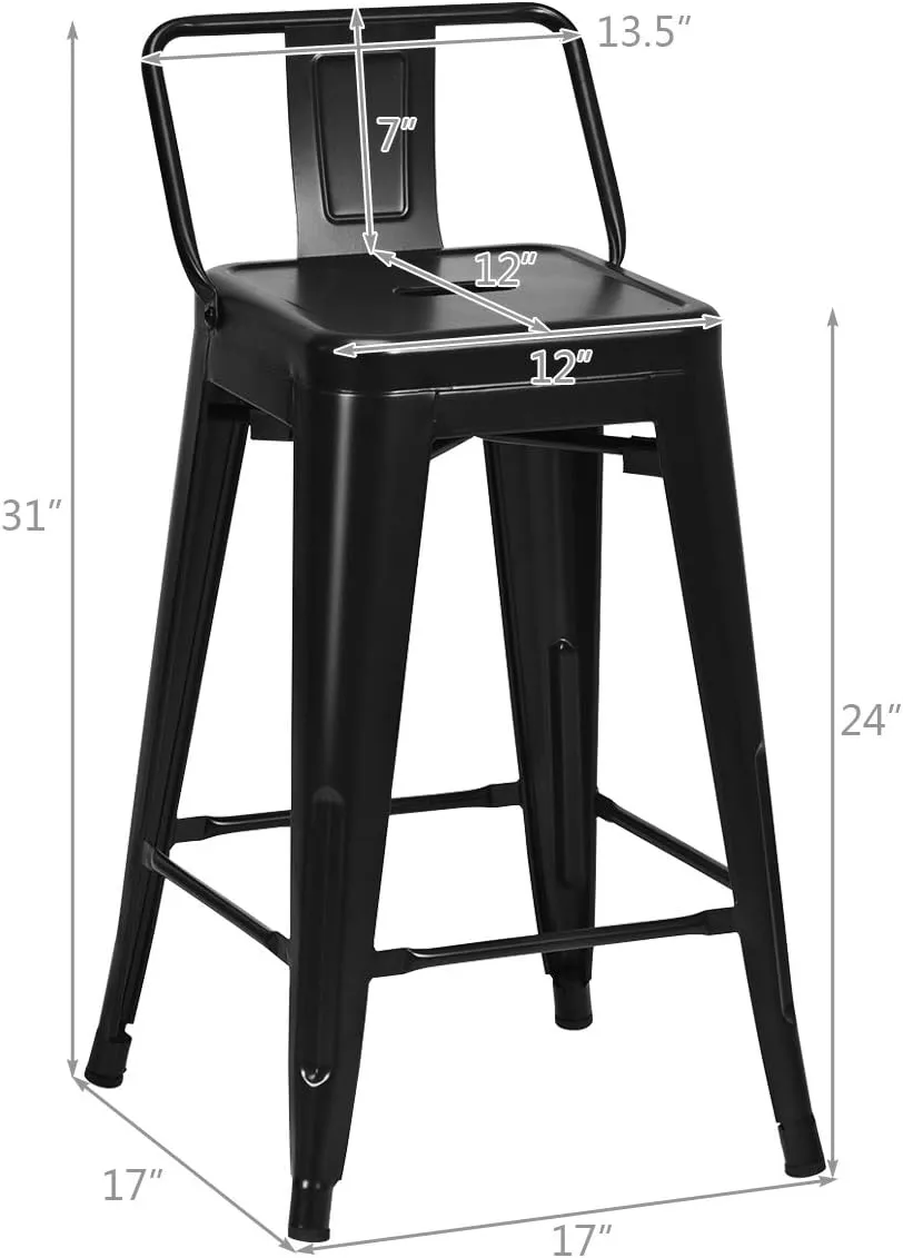COSTWAY Metal Bar stools Set of 4, with Removable Back, 24'' Counter Height Stools with Rubber Feet, Stylish and Modern Chairs, for Kitchen, Dining Rooms, and Side Bar (Black, 24'')