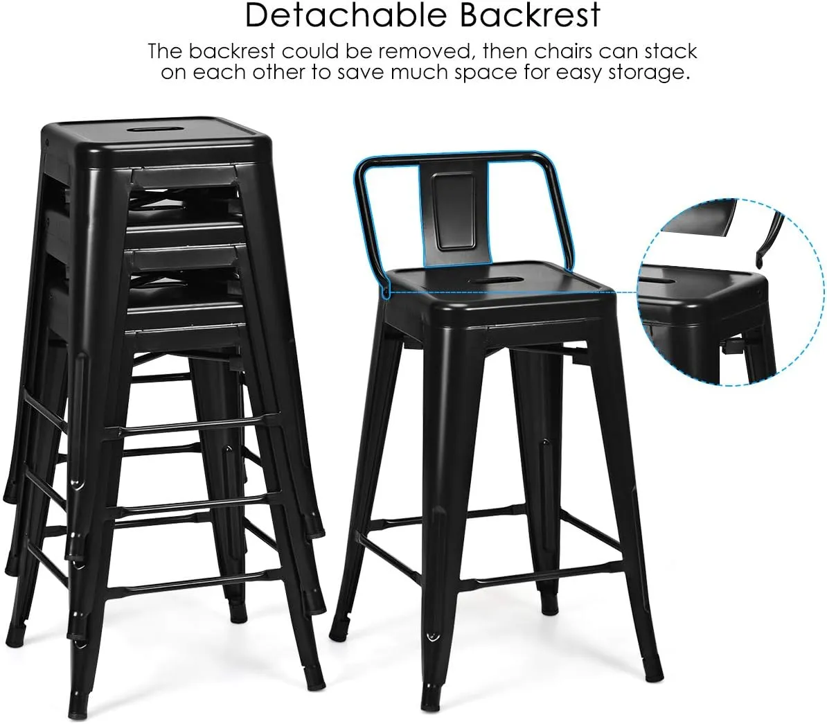 COSTWAY Metal Bar stools Set of 4, with Removable Back, 24'' Counter Height Stools with Rubber Feet, Stylish and Modern Chairs, for Kitchen, Dining Rooms, and Side Bar (Black, 24'')