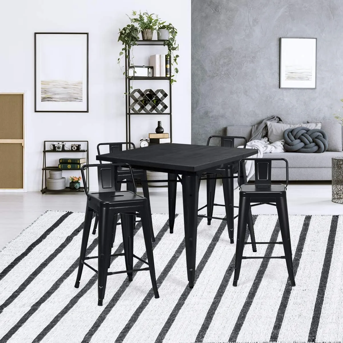 COSTWAY Metal Bar stools Set of 4, with Removable Back, 24'' Counter Height Stools with Rubber Feet, Stylish and Modern Chairs, for Kitchen, Dining Rooms, and Side Bar (Black, 24'')