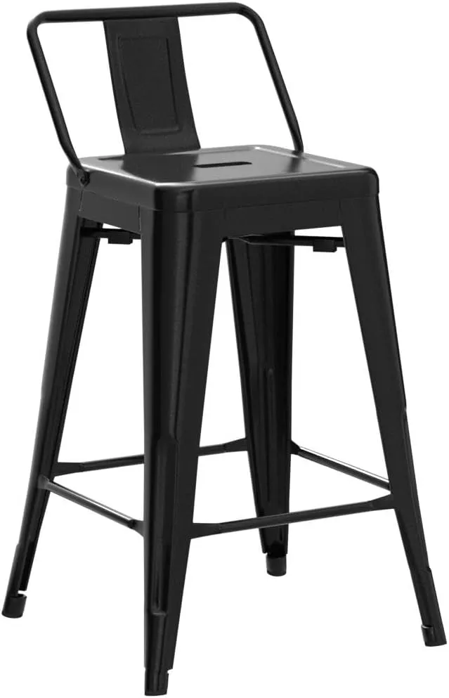 COSTWAY Metal Bar stools Set of 4, with Removable Back, 24'' Counter Height Stools with Rubber Feet, Stylish and Modern Chairs, for Kitchen, Dining Rooms, and Side Bar (Black, 24'')