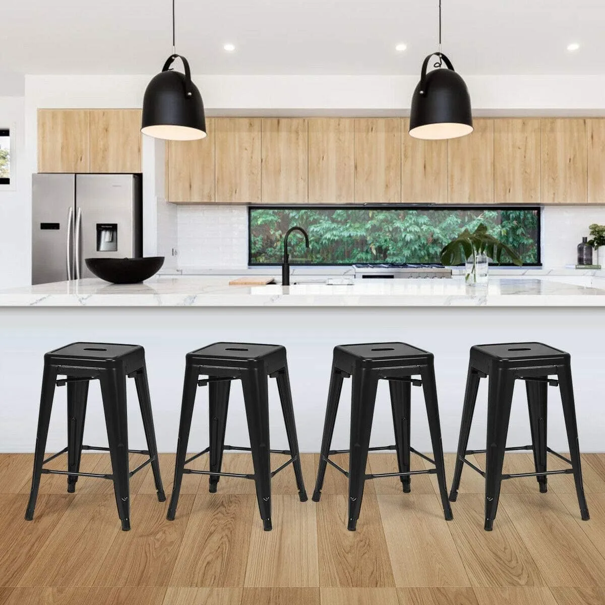 COSTWAY Metal Bar stools Set of 4, with Removable Back, 24'' Counter Height Stools with Rubber Feet, Stylish and Modern Chairs, for Kitchen, Dining Rooms, and Side Bar (Black, 24'')