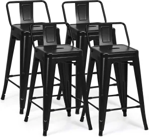 COSTWAY Metal Bar stools Set of 4, with Removable Back, 24'' Counter Height Stools with Rubber Feet, Stylish and Modern Chairs, for Kitchen, Dining Rooms, and Side Bar (Black, 24'')