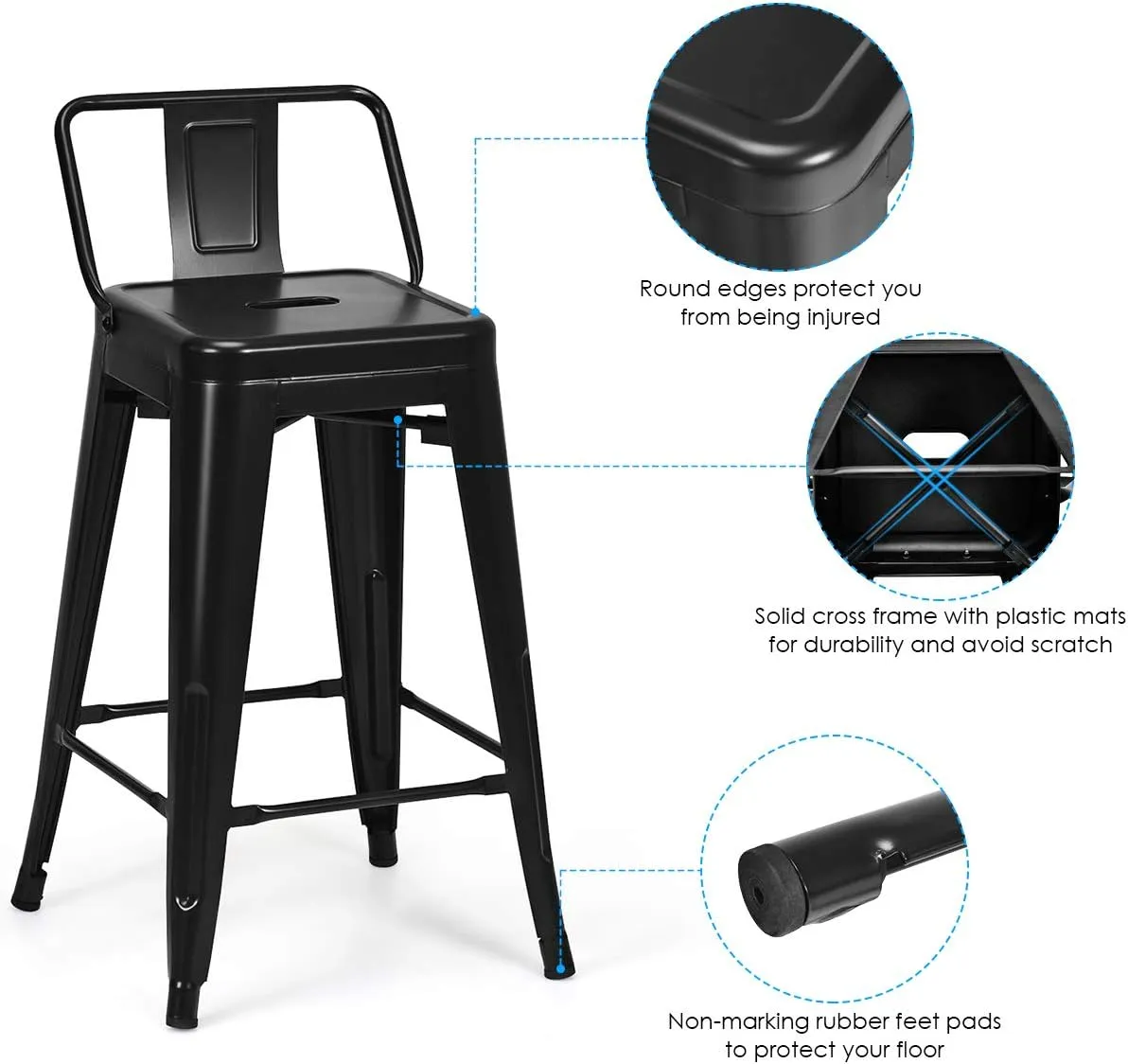 COSTWAY Metal Bar stools Set of 4, with Removable Back, 24'' Counter Height Stools with Rubber Feet, Stylish and Modern Chairs, for Kitchen, Dining Rooms, and Side Bar (Black, 24'')
