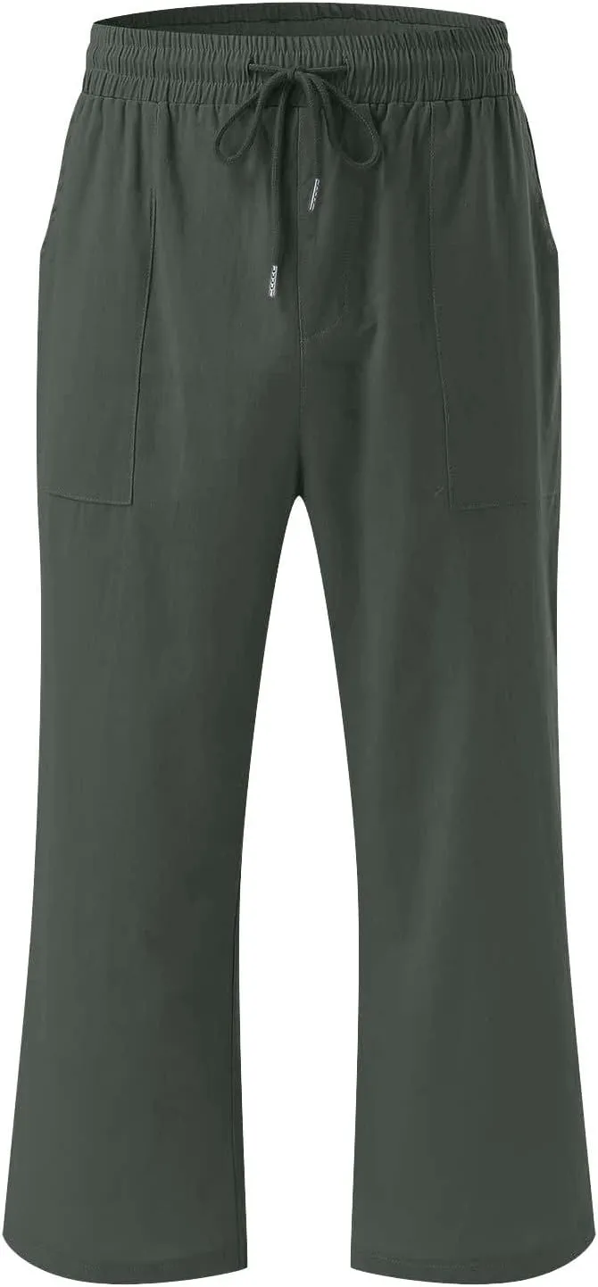 Cotton Linen Pants for Women Trendy 2024 High Waist Drawstring Cropped Pant Trousers Casual Summer Wide Leg Capris