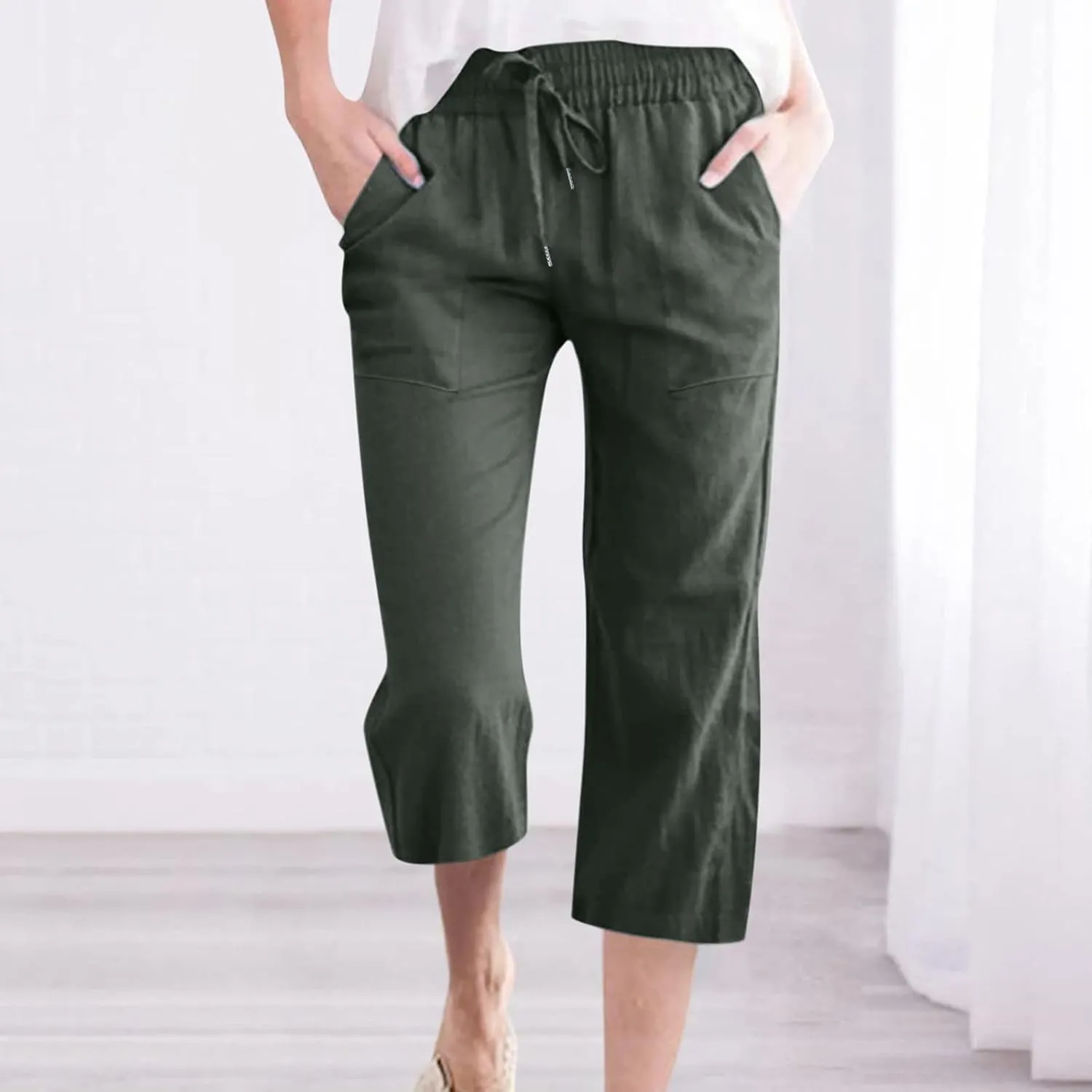 Cotton Linen Pants for Women Trendy 2024 High Waist Drawstring Cropped Pant Trousers Casual Summer Wide Leg Capris