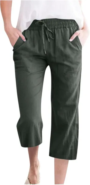 Cotton Linen Pants for Women Trendy 2024 High Waist Drawstring Cropped Pant Trousers Casual Summer Wide Leg Capris