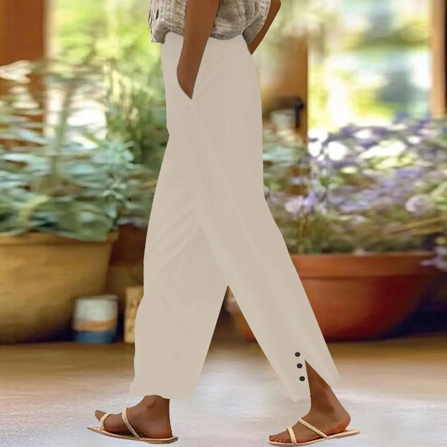 Cotton Linen Pants Women Elastic High Waist Straight Leg Lounge Pants Casual Slacks Summer Trouser with Pockets
