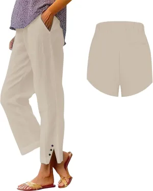 Cotton Linen Pants Women Elastic High Waist Straight Leg Lounge Pants Casual Slacks Summer Trouser with Pockets