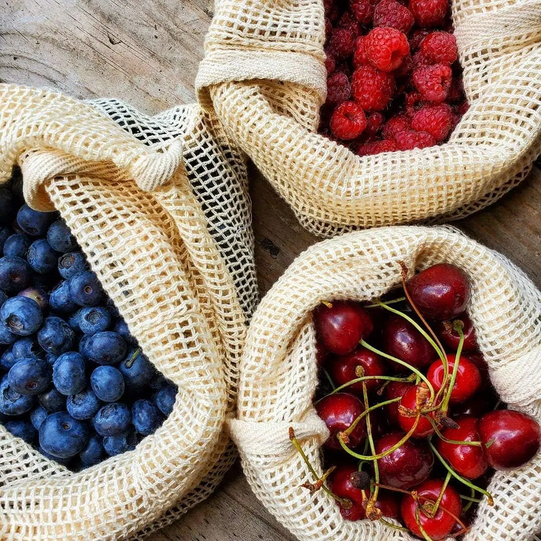 Cotton Mesh Produce Bags - Washable, Organic Cotton Vegetable Storage Bags - Mesh Onion & Potato Storage Bags - Large Net Bags - 14"x18" (6 XL Bags)