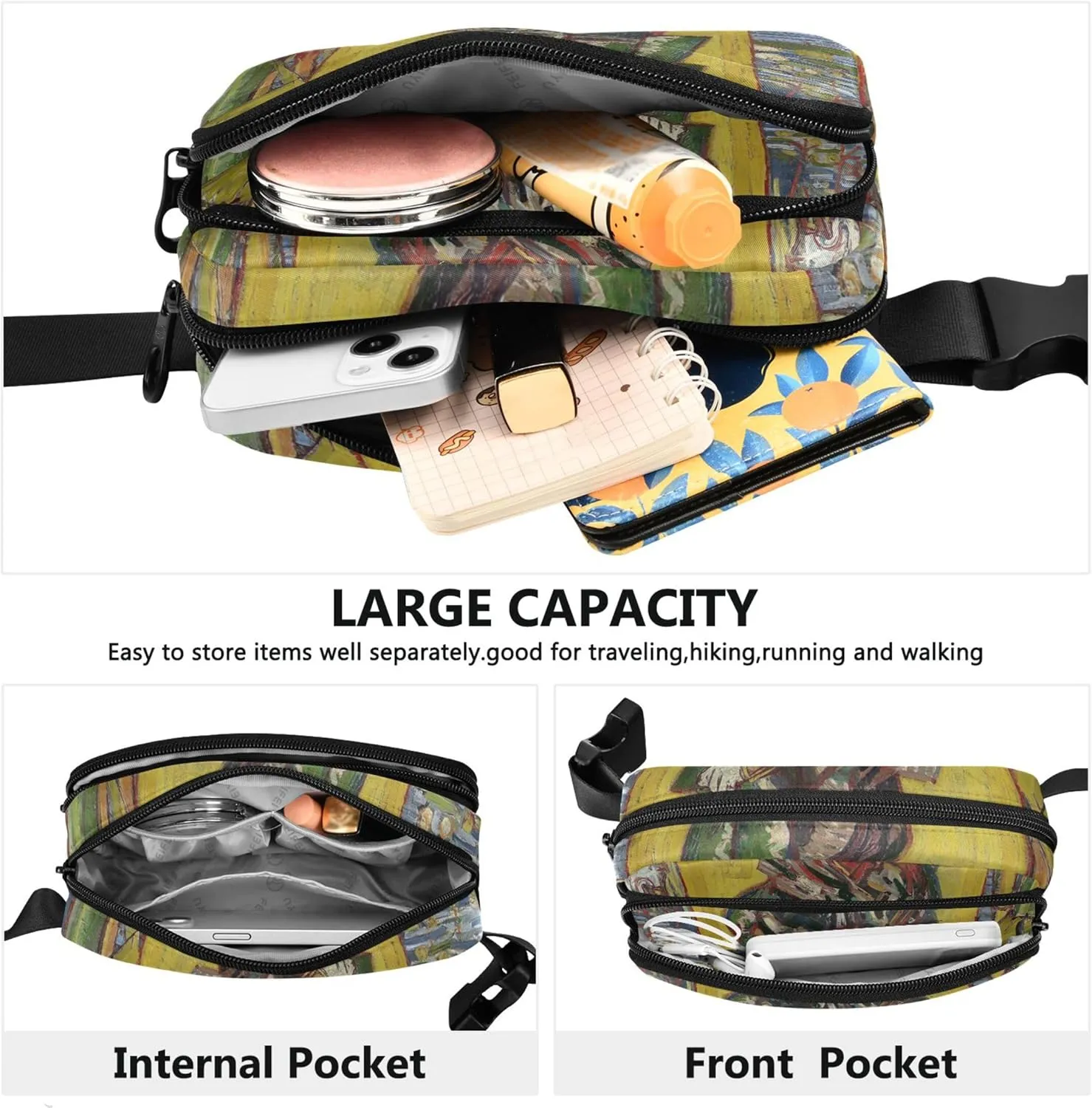 Courtesan Vangogh Painting Fanny Packs for Women Waterproof Large Hip Belt Bag Cartoon Cross Body Waist Purse