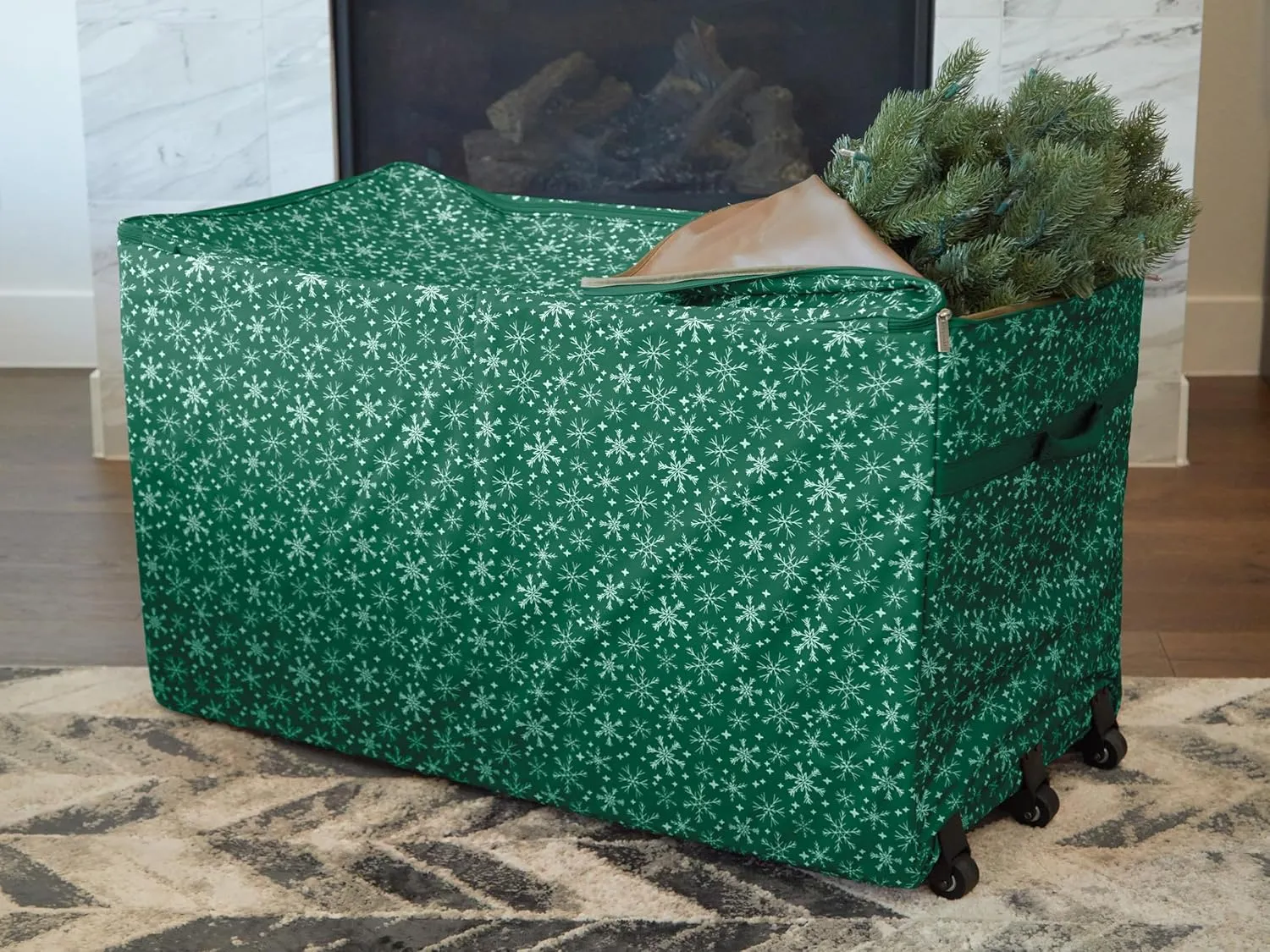 Covermates Keepsakes Christmas Tree Structured Rolling Storage Bag - Superior Protection, Reinforced Handles - Holiday Storage, Green Snowflake