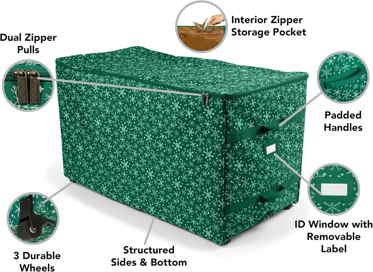 Covermates Keepsakes Christmas Tree Structured Rolling Storage Bag - Superior Protection, Reinforced Handles - Holiday Storage, Green Snowflake
