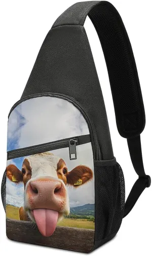 Cow Funny Tongue Print Sling Bag Casual Chest Bag Daypack Unisex Crossbody Backpack for Travel Sports Outdoors
