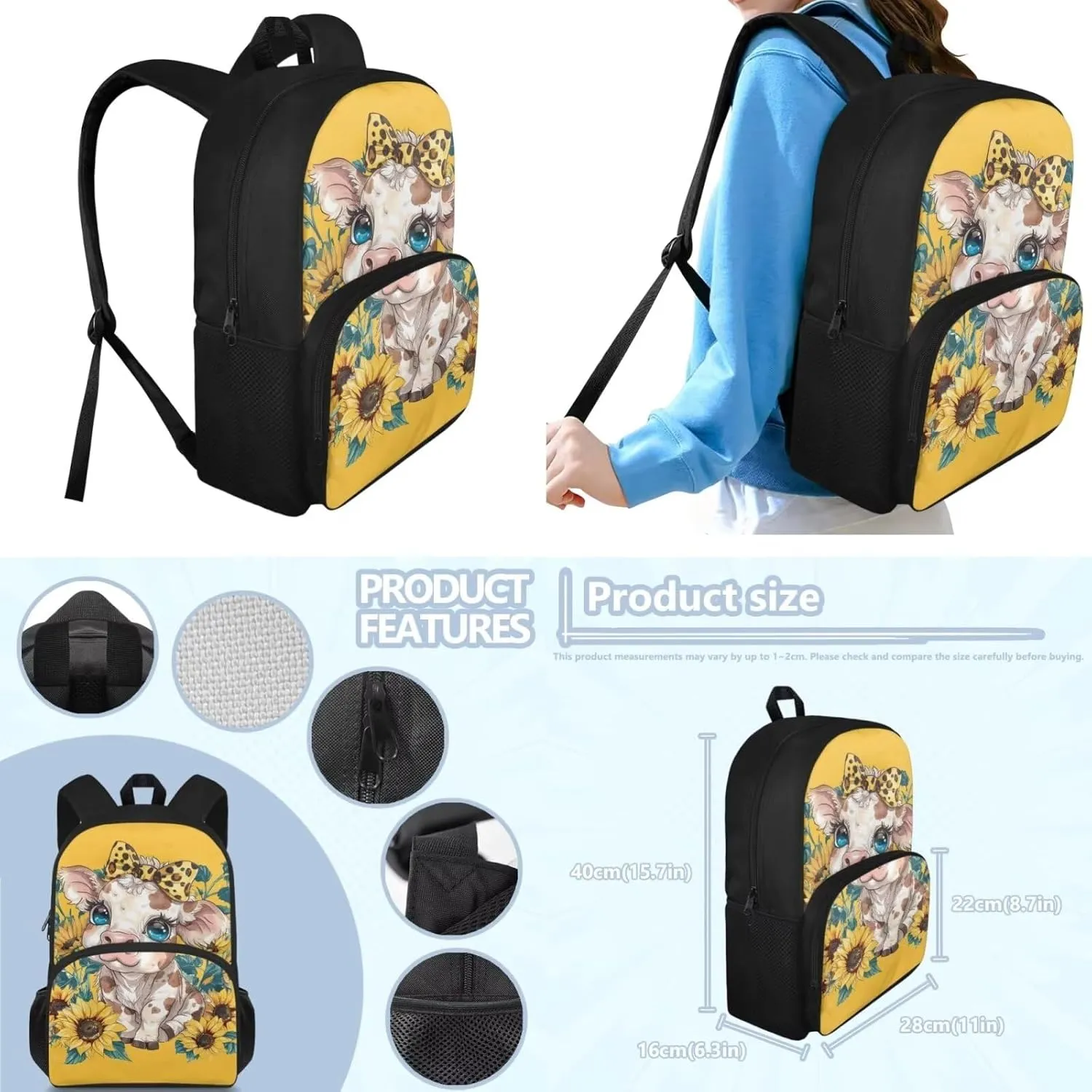 Cow Prints Backpack for Boys Girls Sunflower School Backpack Boys Girls Teenagers Large 3 Piece Set School Satchel Waterproof Backpack School Bags for Boys Travel Outdoor