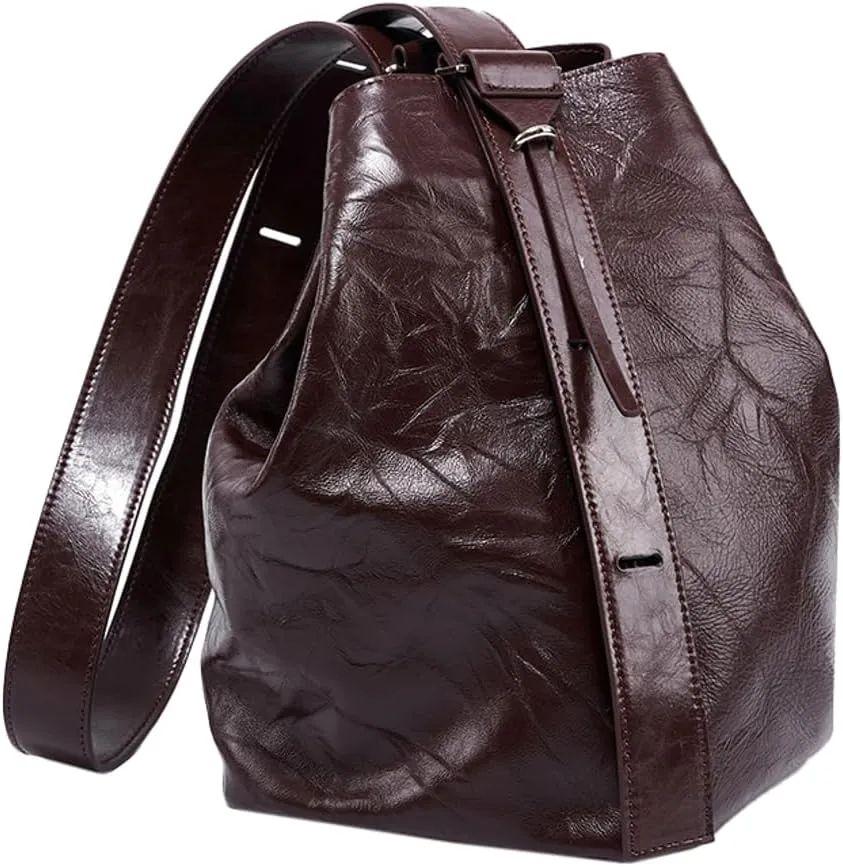 Cowhide Leather Purse for Women Vintage Shoulder Bag with Inner Pouch Slouchy Bucket Purse Satchel Crossbody Bag (Coffee)